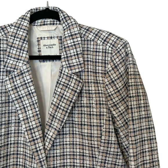 Abercrombie & Fitch White, Tan & Blue Plaid Textured Cropped Blazer - Size L - Picture 1 of 6